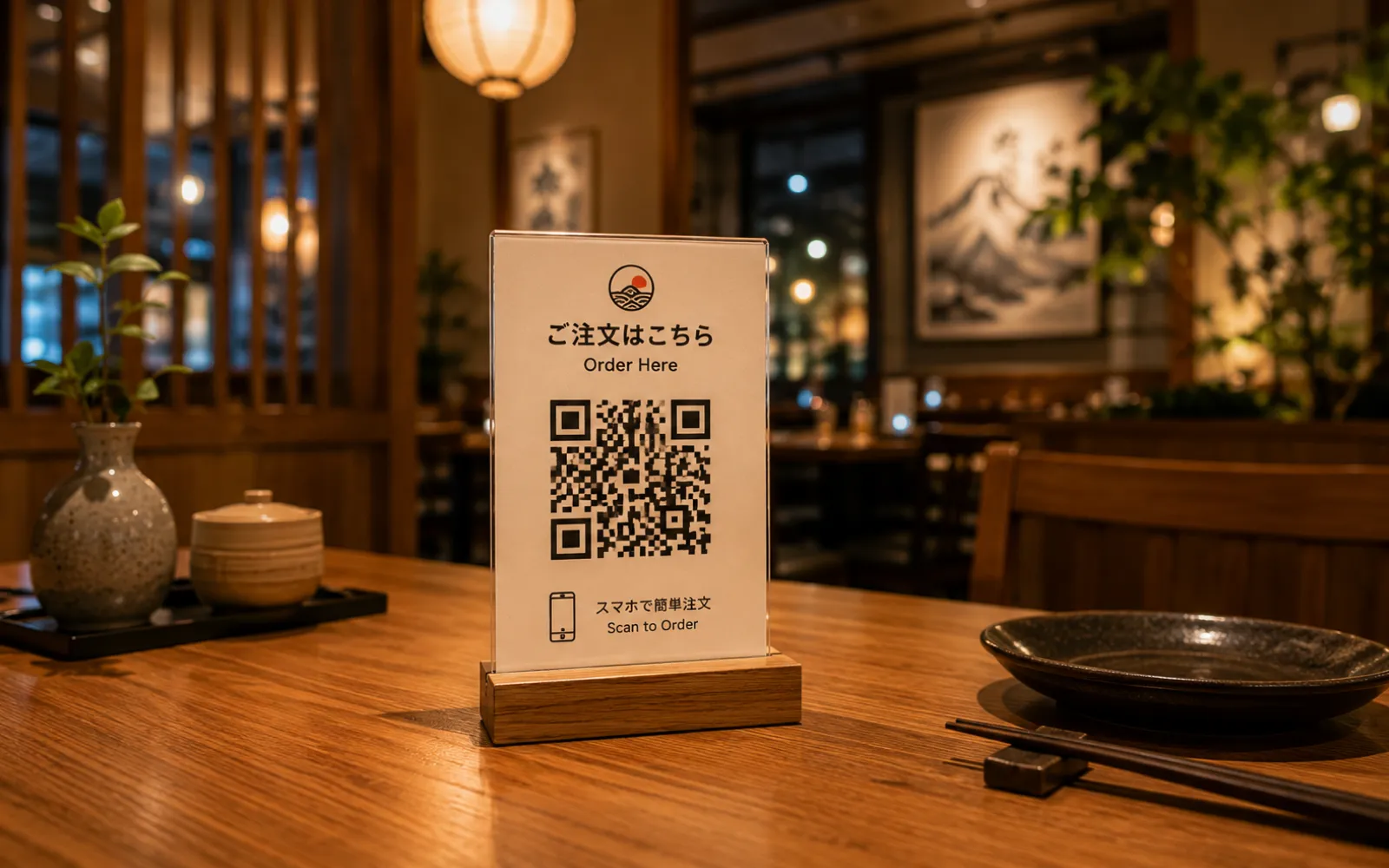テーブルでQRコードを読み取って注文する様子