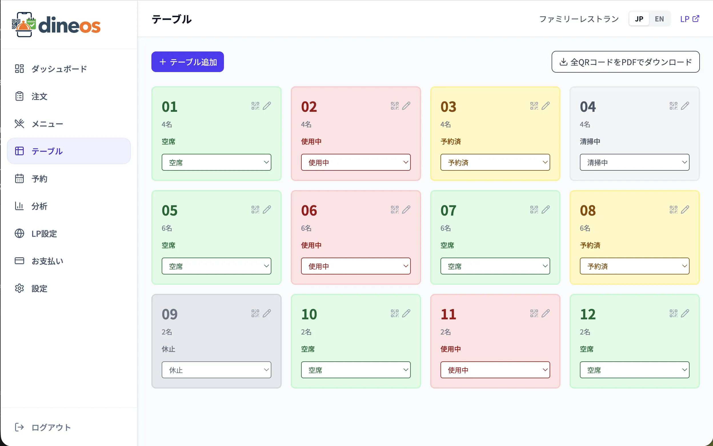 テーブル管理画面のスクリーンショット